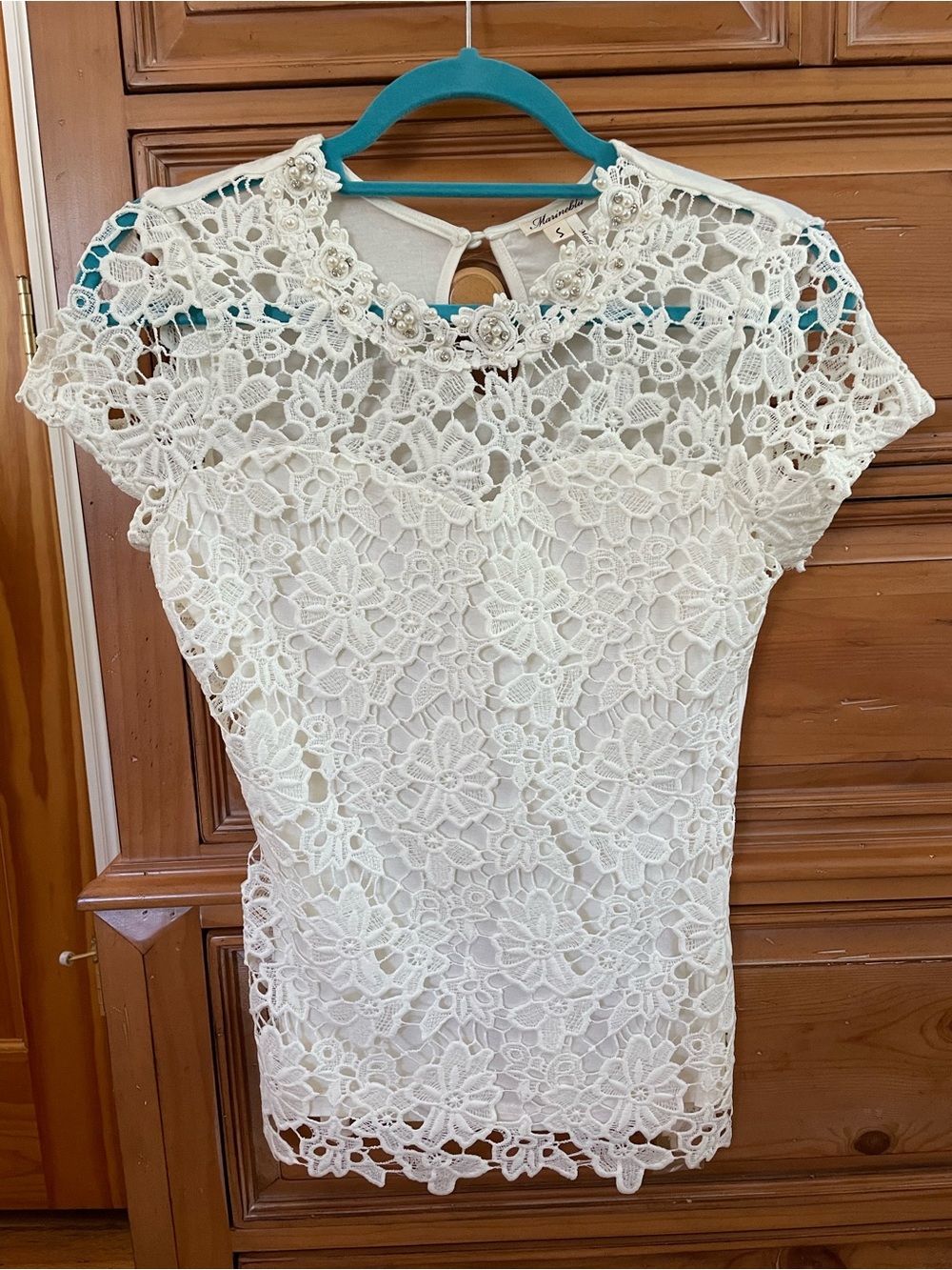 Marineblu Ivory Floral Lace Short Sleeve Top with Beaded Neckline S ✨BRAND NEW✨